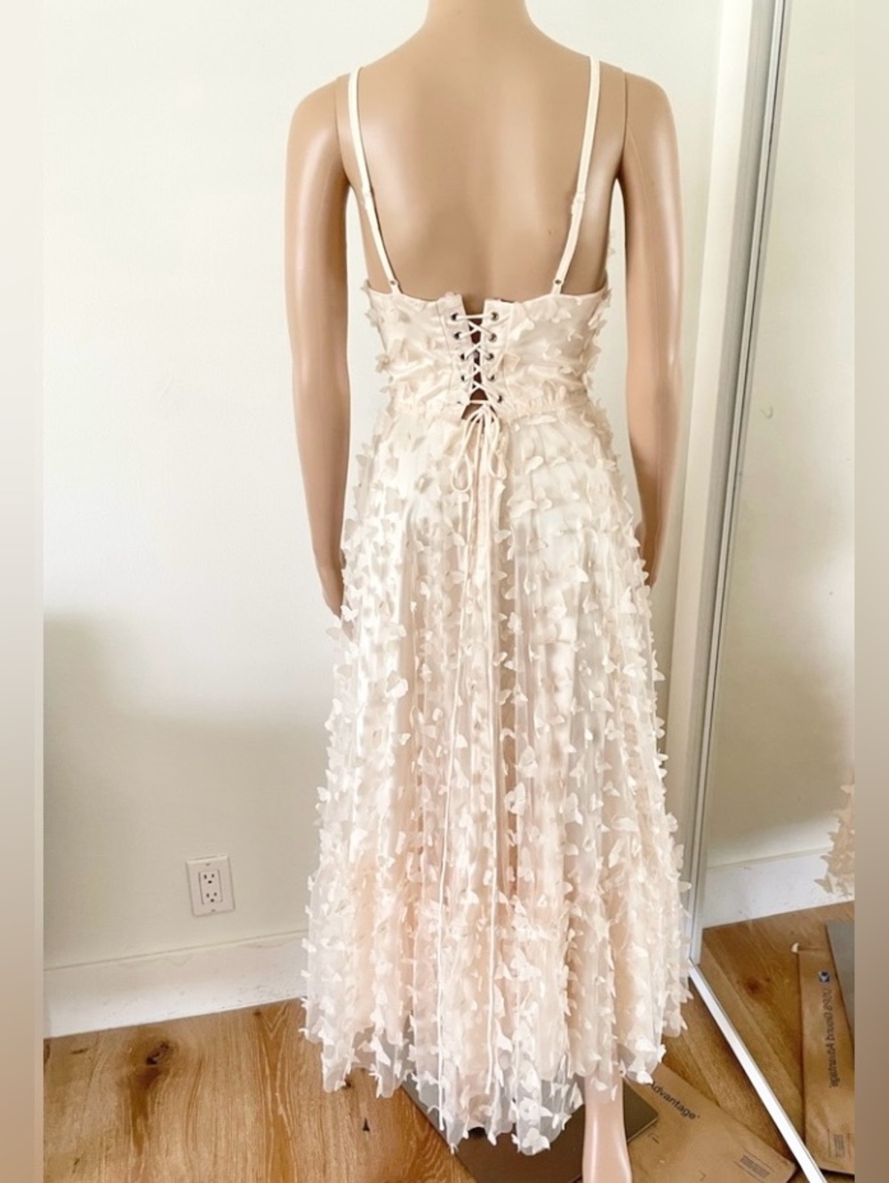 Mable Cream 3D Butterfly Lace-Up Midi Dress Corset Sweetheart Tiered Lulus - Picture 6 of 12